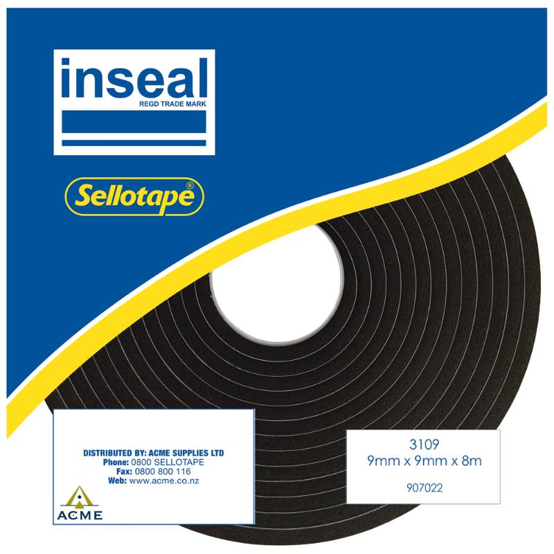Inseal 3109 PKD sealing strip, 9mm thick and 9mm wide, 8m roll for effective insulation and energy efficiency.