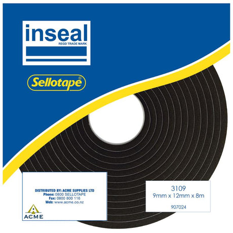 Inseal 3109 PKD sealing tape, 9mm thick, 12mm wide, 8m long, ideal for sealing gaps and insulating pipes.