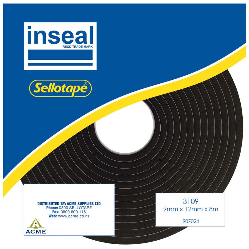 Inseal 3109 PKD sealing tape, 9mm thick, 12mm wide, 8m long, ideal for sealing gaps and insulating pipes.