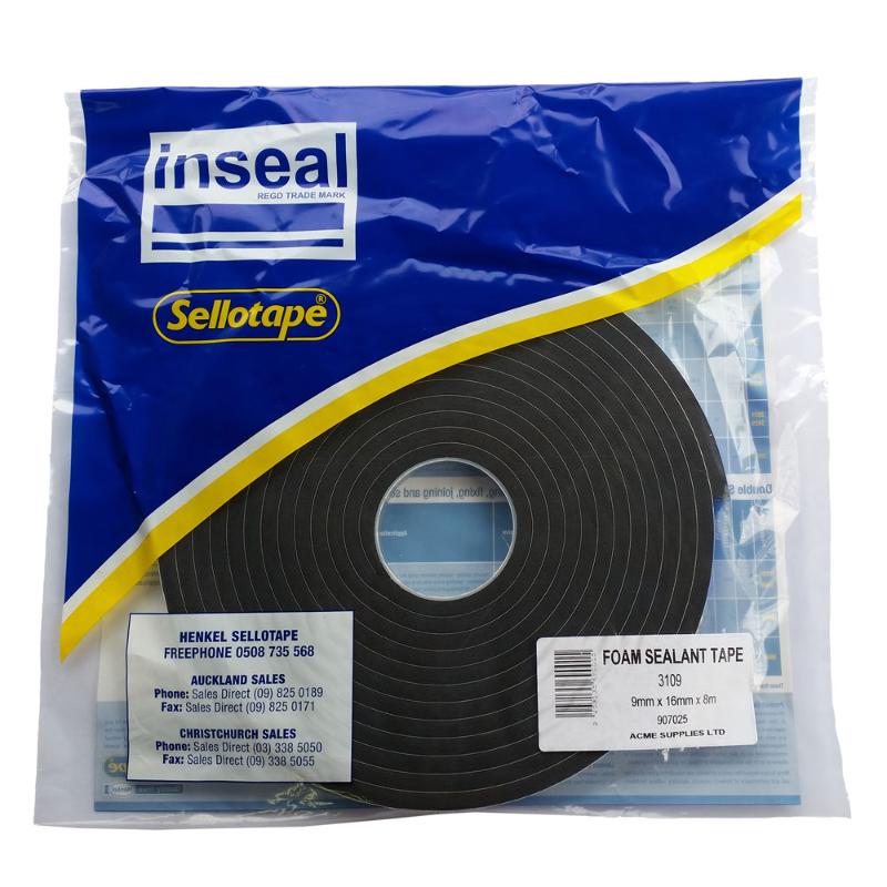 Inseal 3109 PKD sealing strip, 9mm thick x 16mm wide, 8m long, ideal for thermal insulation and soundproofing.