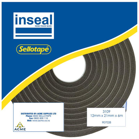 Inseal 3109 PKD sealing strip 12mm thick, 21mm wide, 6m long, for superior insulation and soundproofing in various projects.