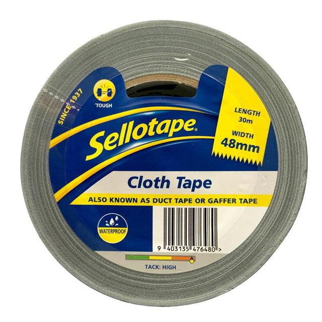 Sellotape 4705 Cloth Tape in black, 48mm wide, 30m long, durable, hand-tearable, perfect for crafting and repairs.