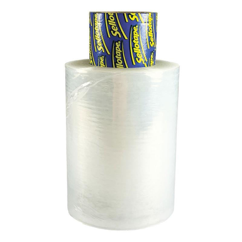 Sellotape Stretch Wrap Refill 100mm x 150m, 20mu, eco-friendly, non-adhesive film for secure packaging and protection.