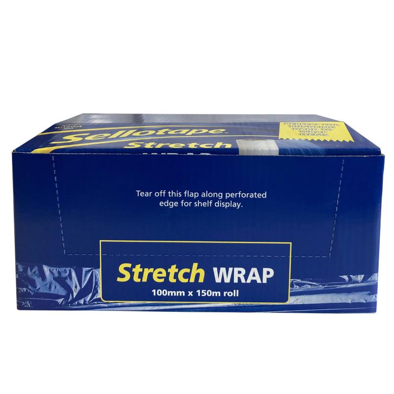 Sellotape Stretch Wrap Refill 100mmx150m, 20mu; eco-friendly stretch film for secure packaging without residue.