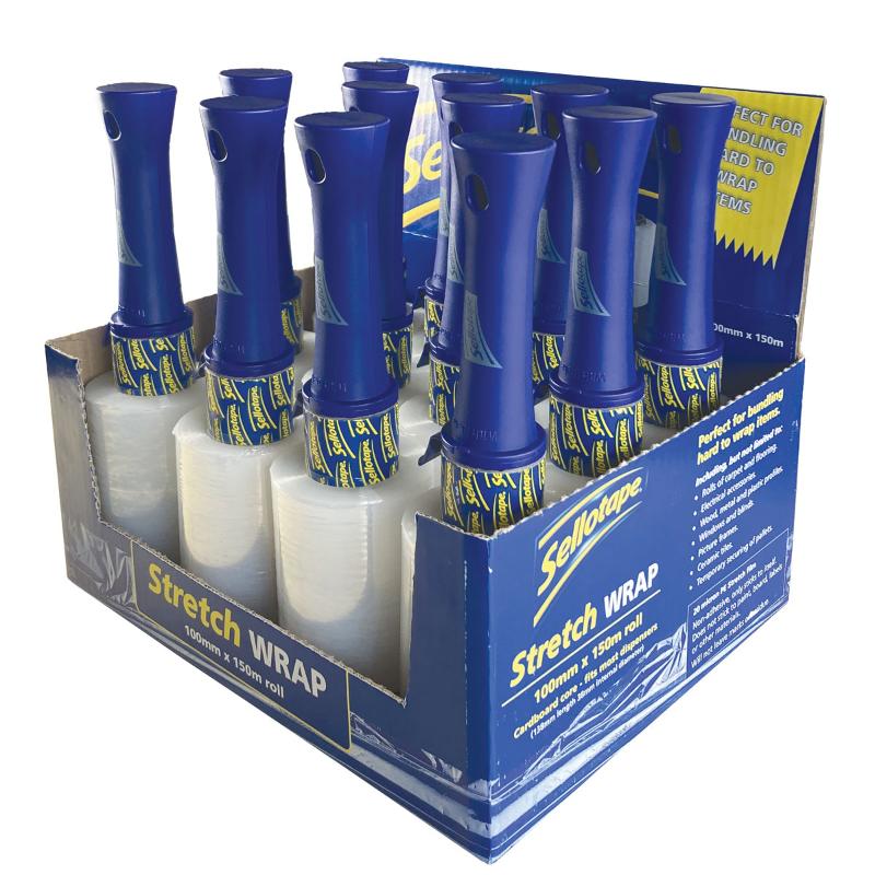 Sellotape Stretch Wrap 100mm x 150m on Handle, non-adhesive film for secure packaging without residue.