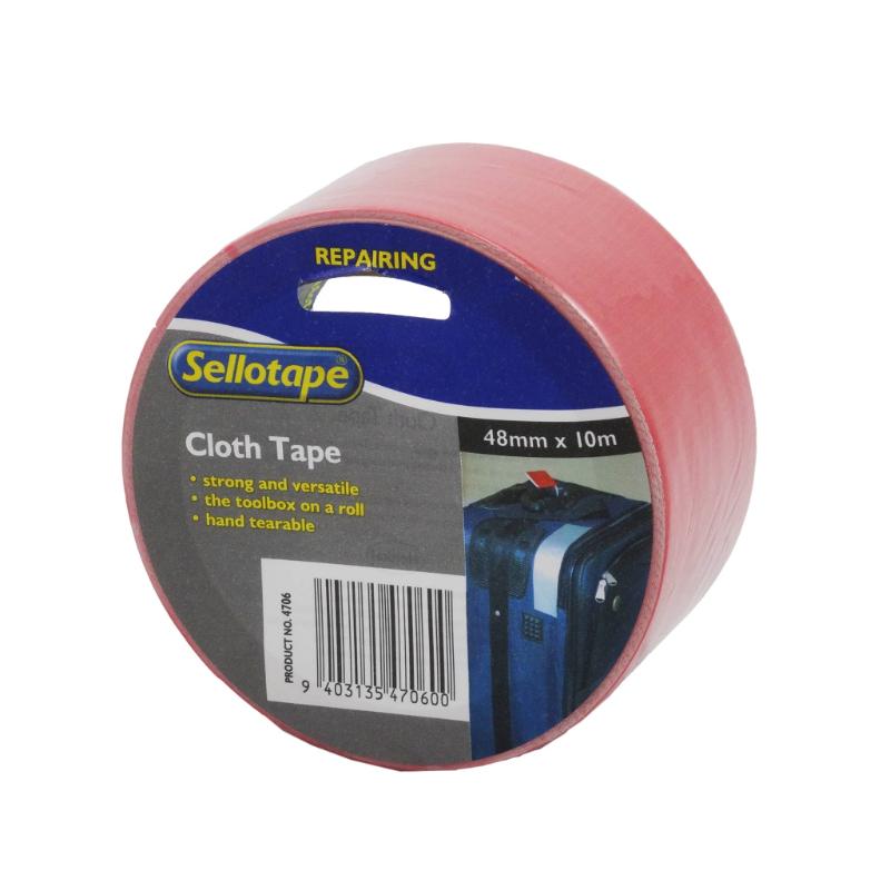 Bright red 48mm x 10m Sellotape cloth tape, waterproof, hand tearable, ideal for crafting and DIY projects.