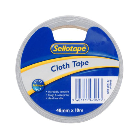 Sellotape 4706 silver cloth tape, 48mmx10m, durable, hand tearable, waterproof for versatile repairs and crafts.