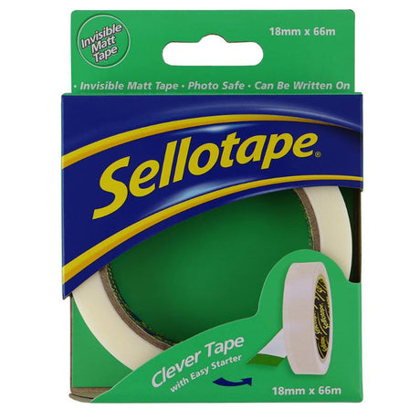 Clear adhesive tape for versatile crafting, wrapping, and organizing, 18mm wide and 66m long with easy tear technology.