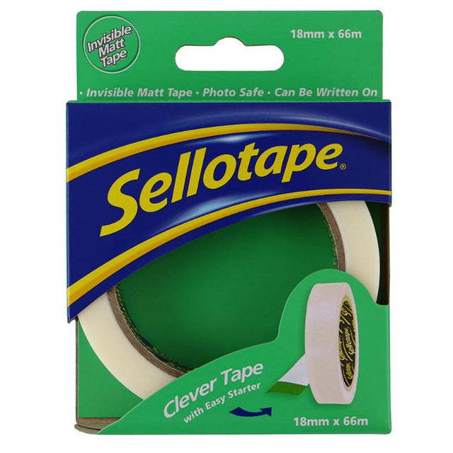 Clear adhesive tape for versatile crafting, wrapping, and organizing, 18mm wide and 66m long with easy tear technology.