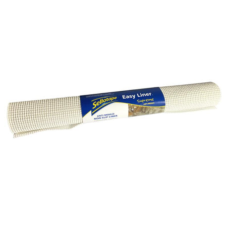 Sellotape Easy Liner Supreme White, 508mm x 1520mm, non-adhesive cushioned grip, anti-mould, versatile for home organization.