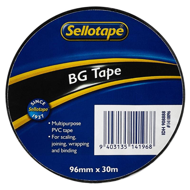Sellotape 1410 BG Tape in black, 96mm x 30m, ideal for crafting, sealing, and packaging with strong adhesive and durability.