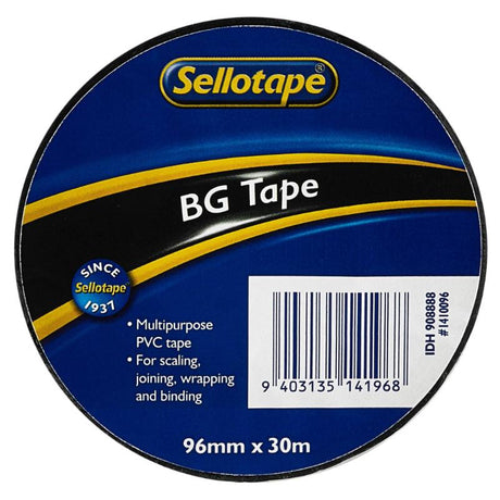Sellotape 1410 BG Tape in black, 96mm x 30m, ideal for crafting, sealing, and packaging with strong adhesive and durability.