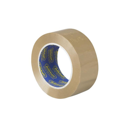 Brown heavy-duty packing tape, 48mm x 100m, with strong rubber adhesive for secure sealing of boxes.