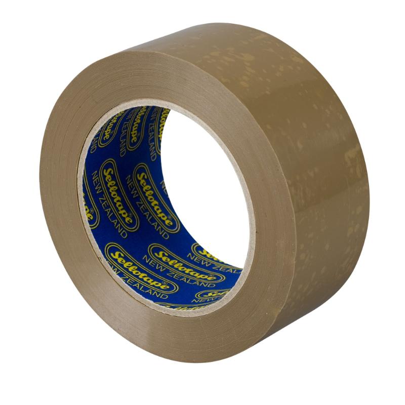 Sellotape 1553 Vinyl Brown tape, 48mm wide and 100m long, perfect for securely packaging medium to heavy boxes.