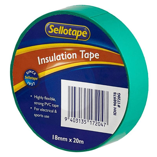 Sellotape 1720G Insulation Green Tape, 18mm x 20m, durable PVC for electrical insulation and DIY projects.