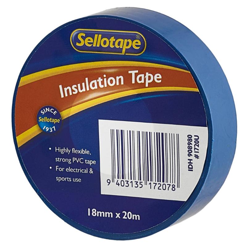 Sellotape 1720U blue insulation tape, 18mmx20m, flexible PVC, ideal for electrical and general use.