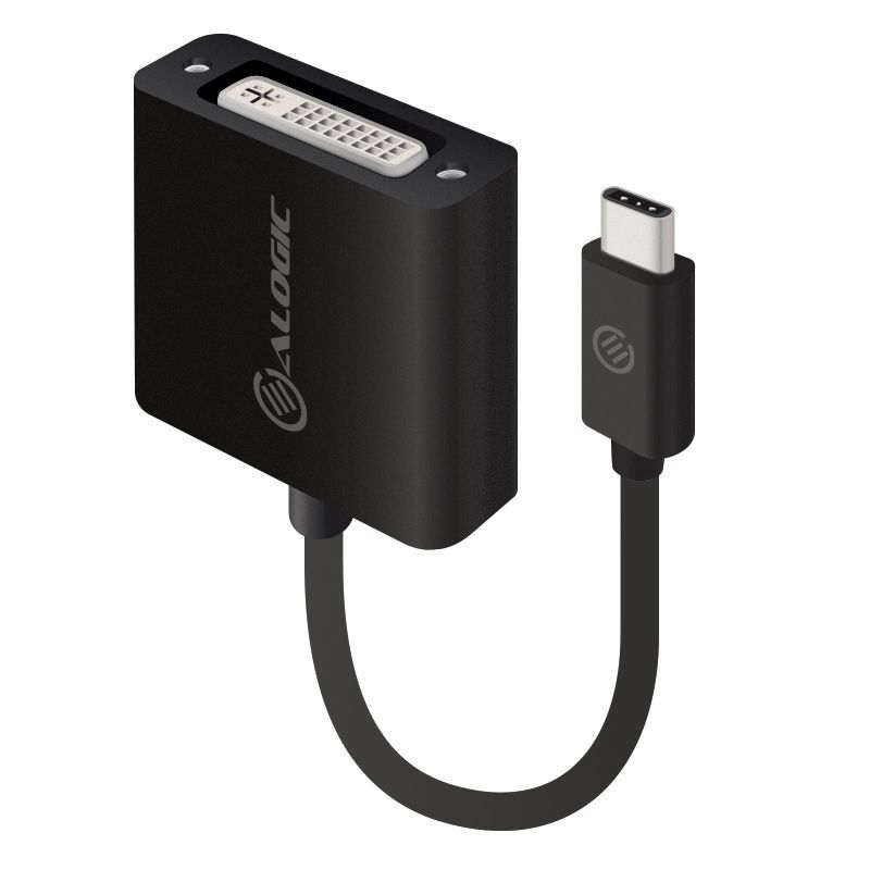 Alogic USB-C to DVI Adapter connecting USB-C devices to DVI displays, supports WQXGA 2560x1600 resolution, compact design.