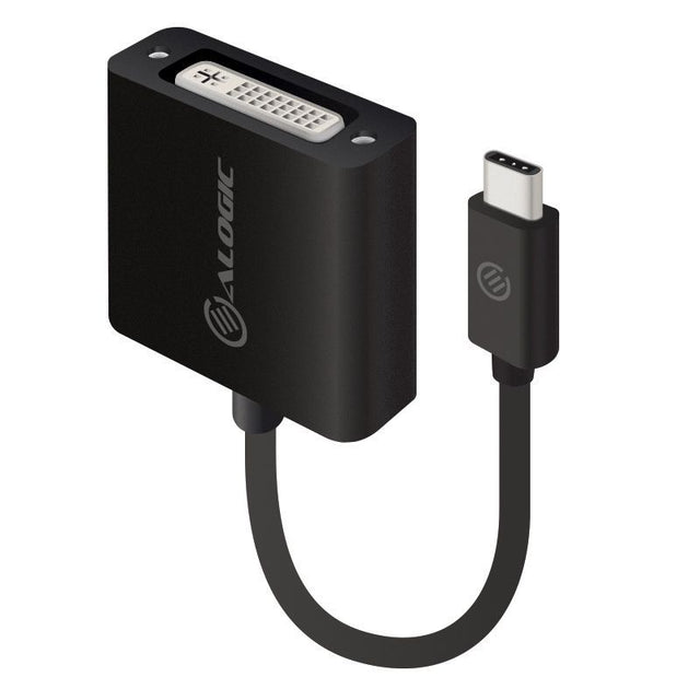 Alogic USB-C to DVI Adapter connecting USB-C devices to DVI displays, supports WQXGA 2560x1600 resolution, compact design.