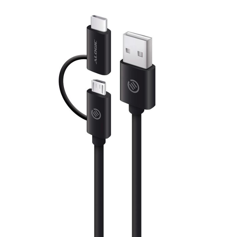 ALOGIC 2-in-1 USB-C & Micro USB-B cable for fast charging and data transfer, featuring dual connectors and robust shielding.