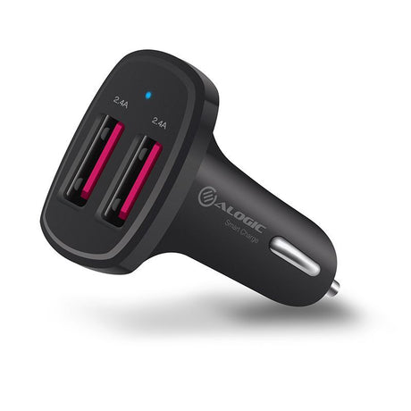 Alogic 2 Port USB-A Car Charger with Smart Charge technology for fast, efficient charging of two devices simultaneously.
