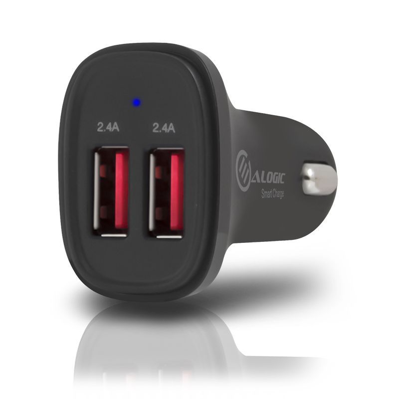 Alogic 2 Port USB-A Car Charger with Smart Charge for fast dual device charging on the go, safe and compact design.