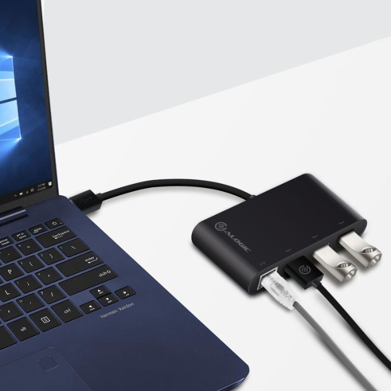 Alogic USB 3.0 hub with 3 ports and Gigabit Ethernet for fast data transfer and stable internet connectivity.