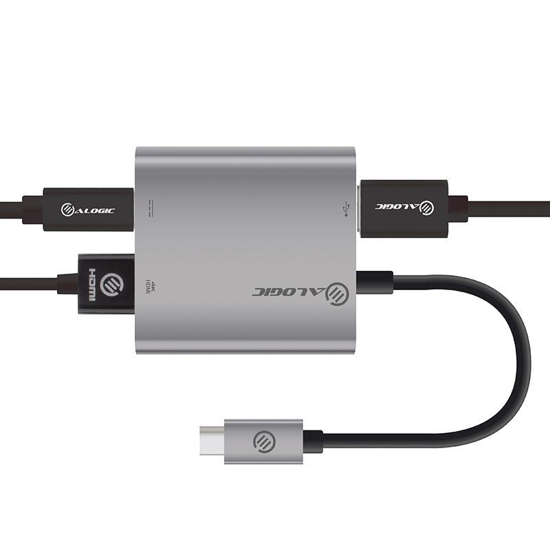 Alogic USB-C MultiPort Adapter with HDMI 4K, 3 USB 3.0 ports, compact design for seamless connectivity and charging.