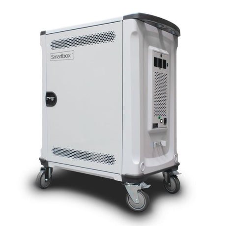 Alogic Smartbox 32 Bay Charging Trolley for laptops and tablets, features individual AC compartments, mobile design, 2-year warranty.