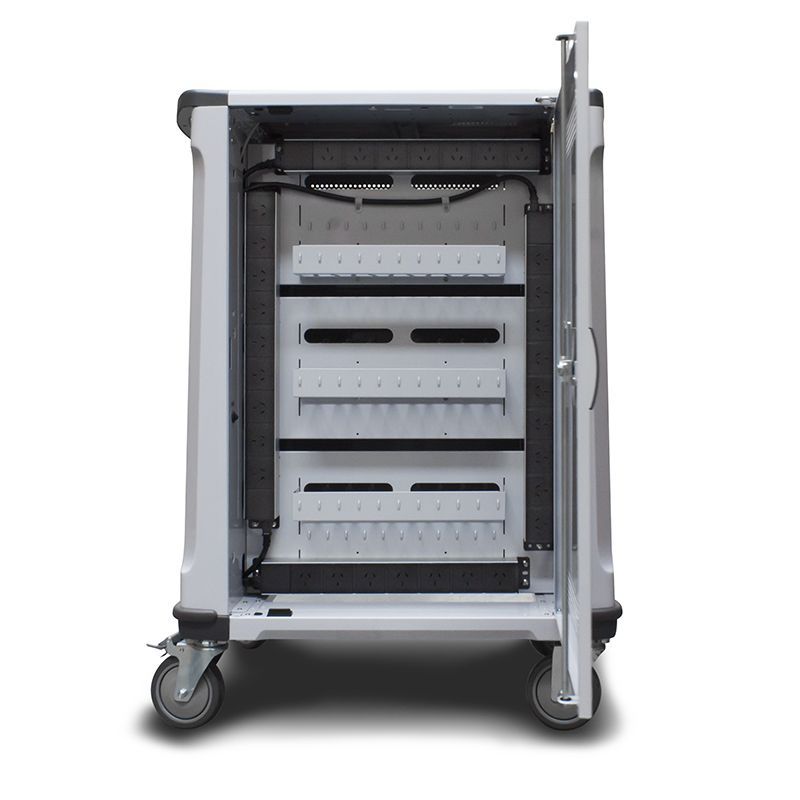 Alogic Smartbox 32 Bay Charging Trolley for laptops, tablets; features efficient storage, mobility, and safety for tech devices.