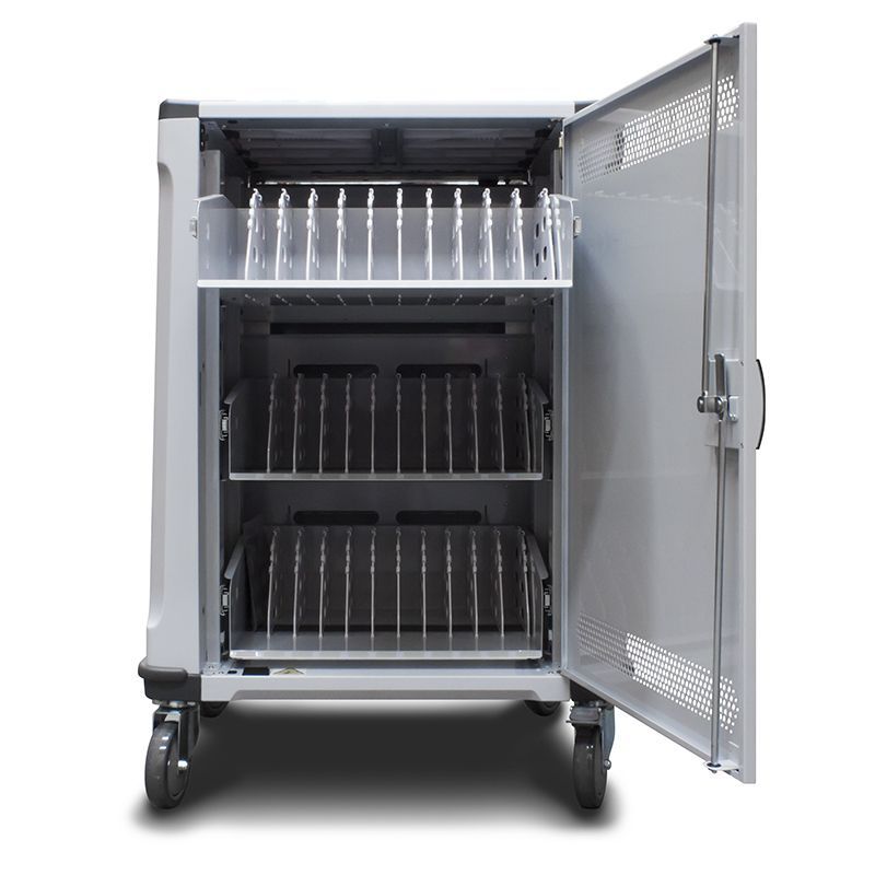 Alogic Smartbox 32 Bay Charging Trolley for laptops and tablets, safely charges up to 32 devices with individual compartments.