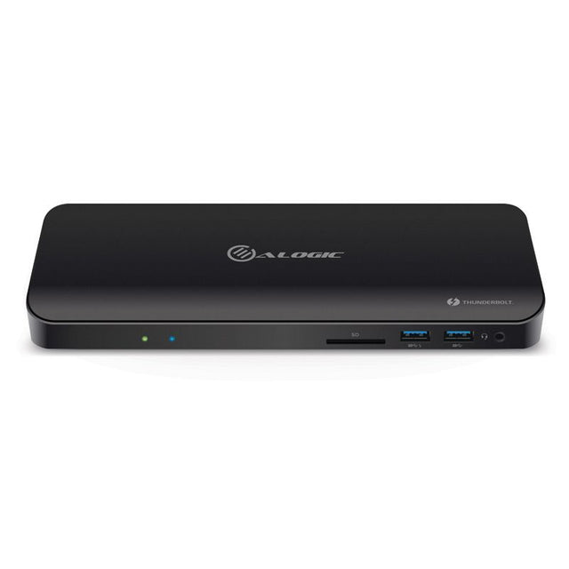 Alogic Thunderbolt 3 Dual Display Docking Station with 4K dual monitor support, 5 USB-A ports, and sleek black design.