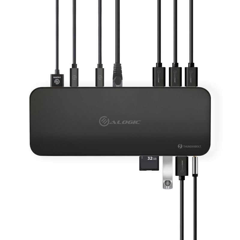 Alogic Thunderbolt 3 Dual Display Dock with 4K dual monitor support, five USB ports, and sleek black design for enhanced productivity.