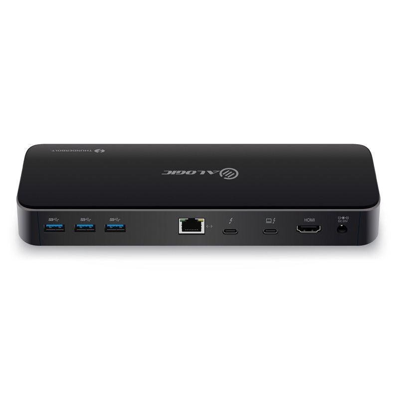 Alogic Thunderbolt 3 Dual Display Dock with 4K dual monitor support and multiple connectivity options in a sleek black design.