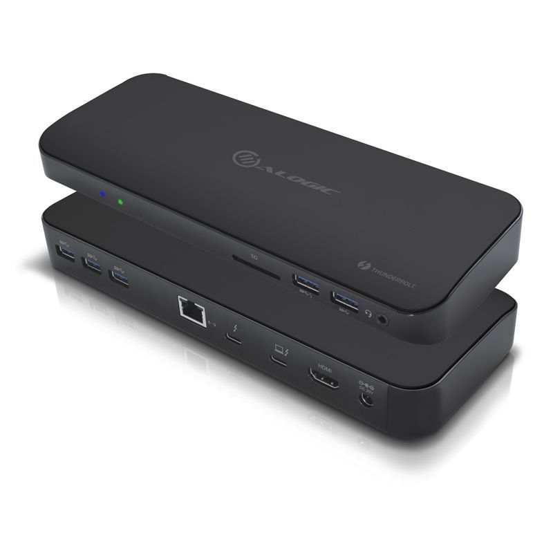 Alogic Thunderbolt 3 Dual Display Docking Station enabling 4K dual monitors, five USB ports, and versatile connectivity options.
