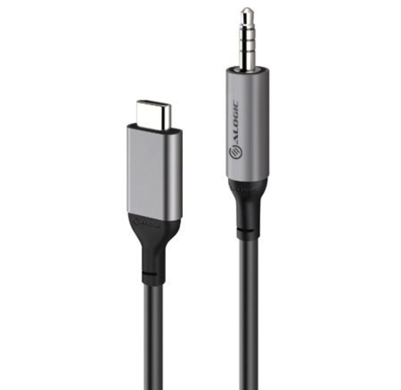 Alogic 1.5m USB-C to 3.5mm audio cable in Space Grey, ensuring high-quality sound for devices like smartphones and laptops.