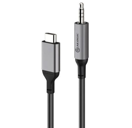 Alogic 1.5m USB-C to 3.5mm audio cable in Space Grey, ensuring high-quality sound for devices like smartphones and laptops.