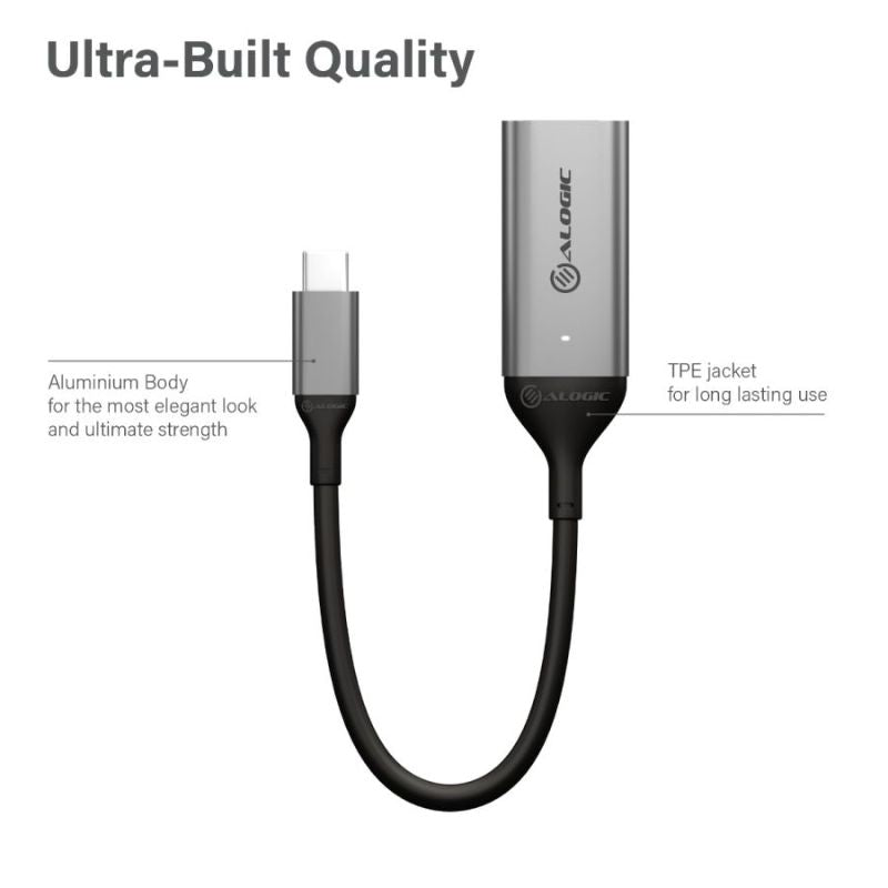 Alogic Ultra 15cm USB-C to DisplayPort Adapter with 4K 60Hz resolution, ideal for gaming and media on laptops and tablets.