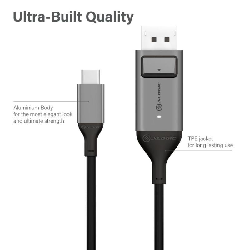 Alogic USB-C to DisplayPort Cable in space grey, delivers 4K 60Hz visuals for seamless connectivity and enhanced workspace aesthetics.