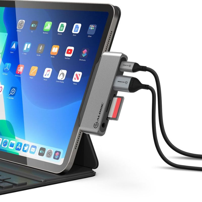 Alogic 5-in-1 USB-C hub featuring USB-A ports, card reader, and Power Delivery for seamless device connectivity and charging.