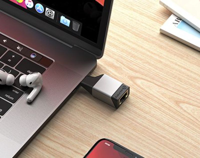 Alogic Ultra Mini USB-C to RJ45 Ethernet Adapter for high-speed internet on the go, compact and stylish design.