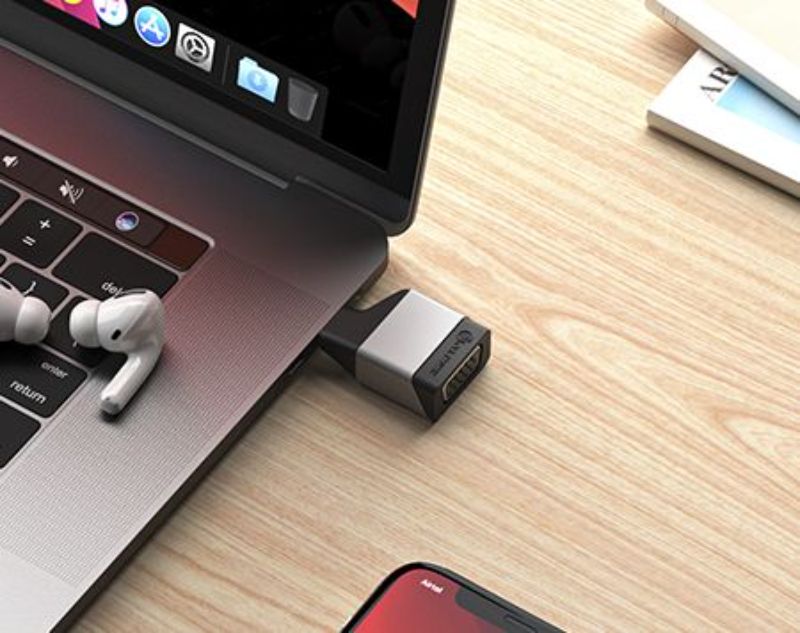 Alogic Ultra Mini USB-C to VGA Adapter, compact design for 1920x1200 resolution on VGA displays.