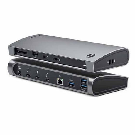Alogic Thunderbolt 4 BLAZE Docking Station in space grey, featuring 4K dual display and multiple USB ports for seamless connectivity.