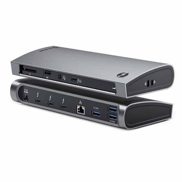Alogic Thunderbolt 4 BLAZE Docking Station in space grey, featuring 4K dual display and multiple USB ports for seamless connectivity.