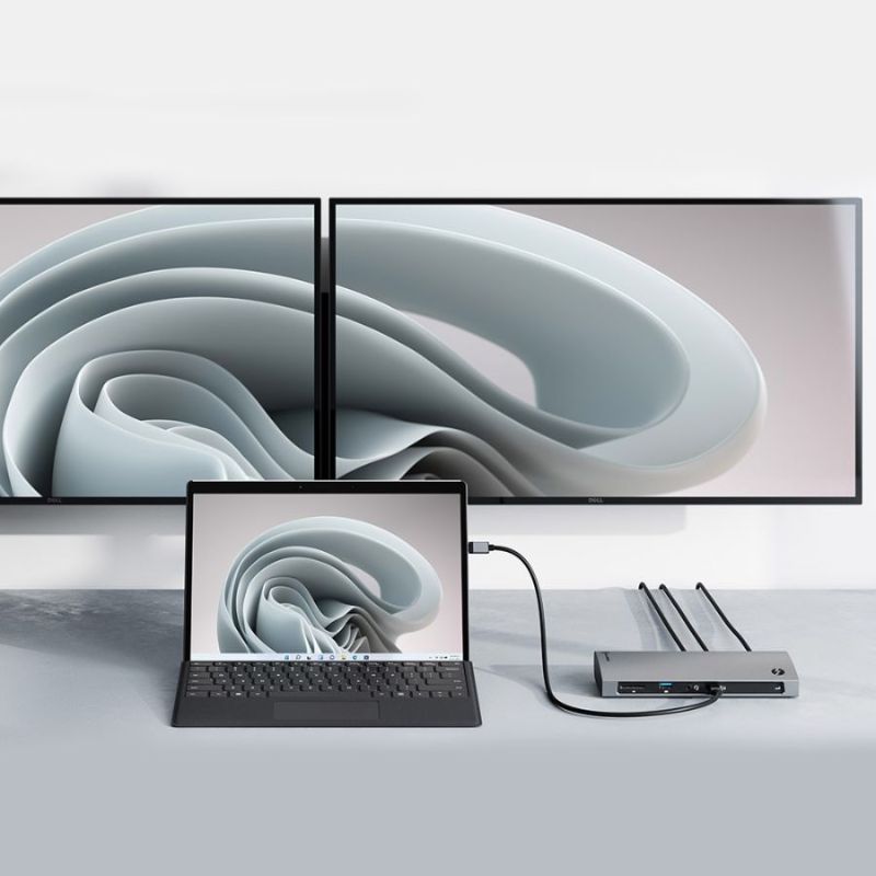 Alogic Thunderbolt 4 BLAZE Docking Station with 4K dual display, USB-C ports, and 96W laptop charging in sleek space grey.