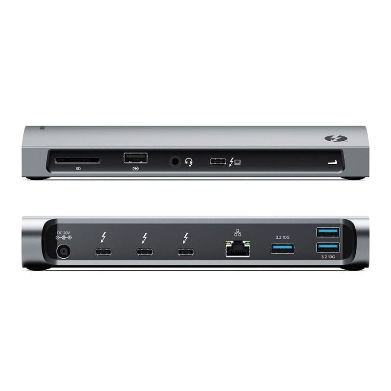 Alogic Thunderbolt 4 BLAZE Docking Station in space grey, featuring 4K dual display and multiple USB ports for seamless connectivity.