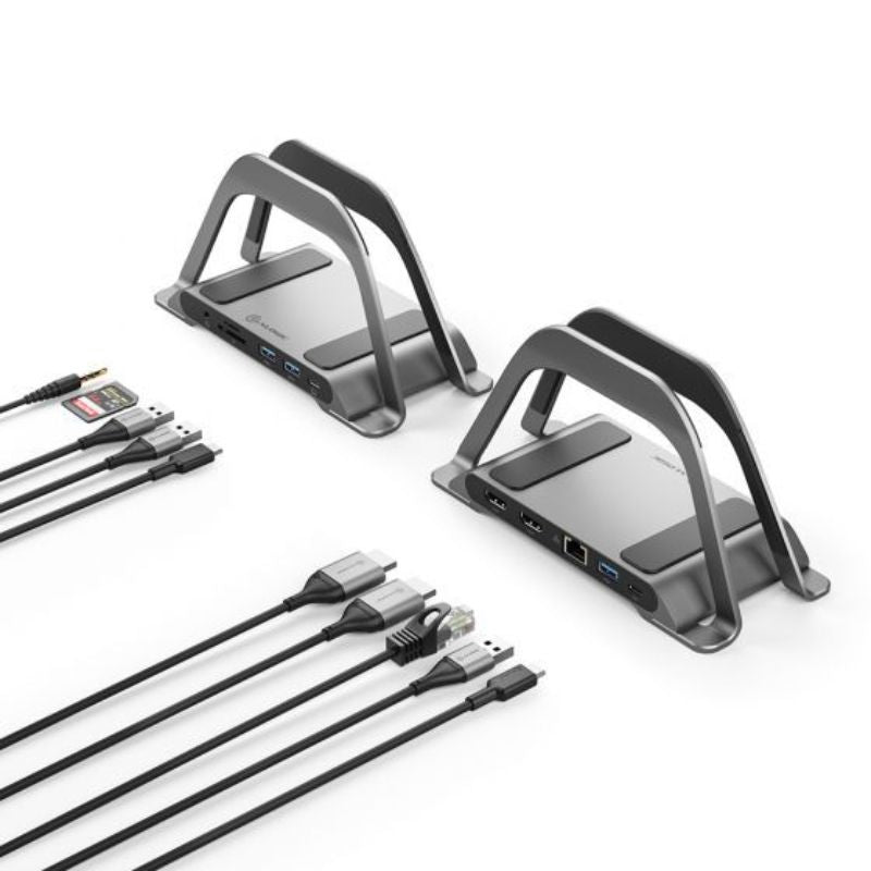 Alogic Bolt Plus USB-C Docking Station in space grey with dual 4K HDMI, USB-A ports, Gigabit Ethernet, and 100W charging.