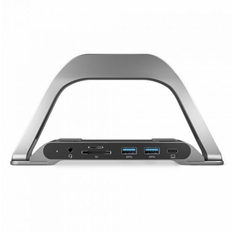 Alogic Bolt Plus USB-C Docking Station in space grey with 2 x 4K HDMI, USB-A ports, Ethernet, and 100W charging capability.