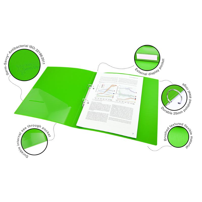 Rapesco Germ-Savvy Antibacterial A4 PP Ring Binder 2/25 Green