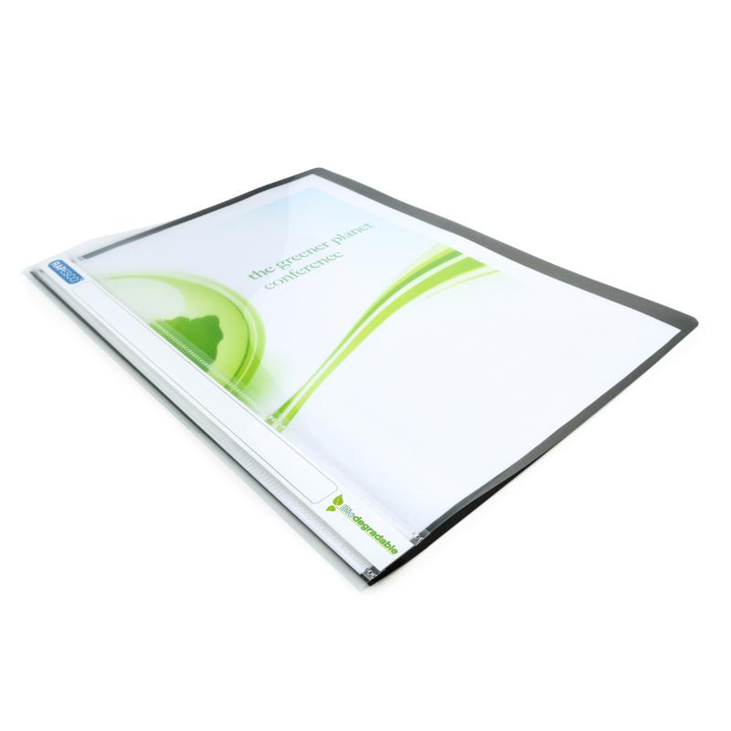 Rapesco ECO Report File A4 in black, made from biodegradable polypropylene, features clear front cover and 2-hole fastening.