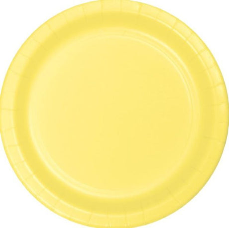 Vibrant 23cm Mimosa yellow paper dinner plates, pack of 24, perfect for parties and easy clean-up.